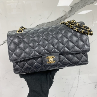 CHANEL BAG CLASSIC FLAP W FLAP CAVIAR SKIN 25CM MEDIUM BLACK GHW RFID MICROCHIPPED K8U076LK