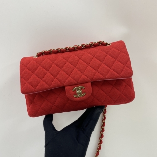 CHANEL BAG CLASSIC FLAP 25CM MEDIUM WFLAP DOUBEL FLAP JERSEY RED/PINK  MICROCHIP