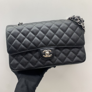 CHANEL BAG CLASSIC FLAP A01112 CAVIAR MEDIUM 25CM W/DOUBLE BLACK SHW MICROCHIP H2XH01JH