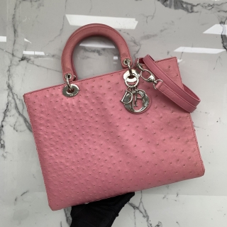 DIOR BAG LADY OSTRICH 2WAY ZIP/LEATHER PINK SHW LARGE (NO POUCH) 14-BO-0113