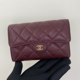 CHANEL SLG CAVIAR SKIN TRIFOLD COMPACT WALLET GHW MAROON MICROCHIP C2C4UCPL