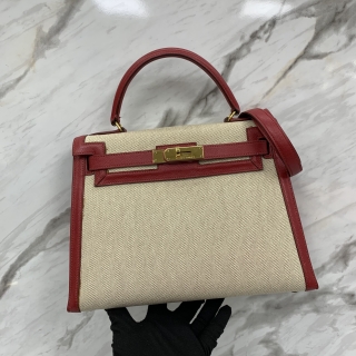 HERMES BAG KELLY 28 SELLIER TOILE/ COUCHEVEL GHW ○V STAMP