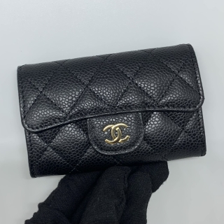 CHANEL SLG CAVIAR SKIN AP0214 BLACK GHW CARD HOLDER RFID K4UG987E