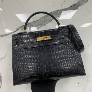 HERMES BAG KELLY 32 CROCODILE POROSUS SQUARE 2WAY CIRCLE V STAMP BLACK GHW 19R CIRCLE V