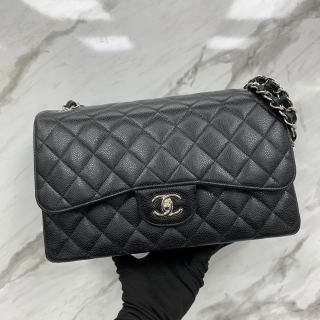CHANEL BAG CLASSIC FLAP A58600 CAVIAR 30CM JUMBO DOUBLE FLAP BLACK SHW MICROCHIPPED