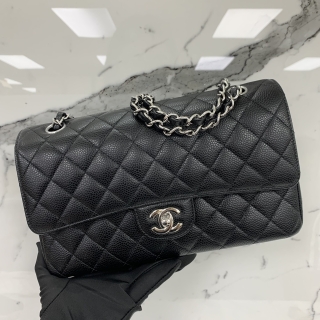 CHANEL BAG MATELASSE CAVIR SKIN CLASSIC W DOUBLE FLAP 25CM MEDIUM SHW BLACK MICROCHIP