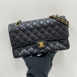 CHANEL BAG MATELASSE CAVIAR SKIN CLASSIC W DOUBLE FLAP MEDIUM 25CM GHW BLACK NO.21 W/CARD