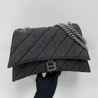 BALENCIAGA BAG 716393 MEDIUM CRUSH CHAIN SHOULDER BLACK DENIM SHW