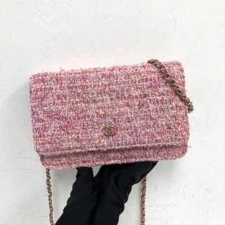 CHANEL SLG TWEED WALLET ON CHAIN PINK RFID