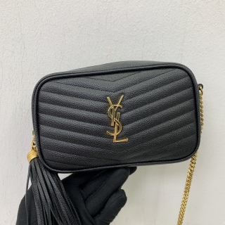 YSL BAG LOULOU 612579 MINI LOU CAMERA CHAIN SHOULDER TASSEL BLACK GHW