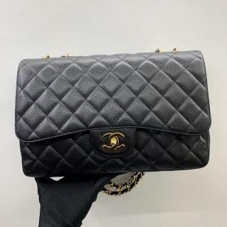 CHANEL BAG CLASSIC FLAP CAVIAR SKIN 30CM JUMBO SINGLE FLAP BLACK LINING GHW NO 12 W/CARD 12972421