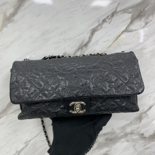 CHANEL BAG CALFSKIN CHAIN SHOUDER EMBOSSED BLACK NO.14 NO CARD