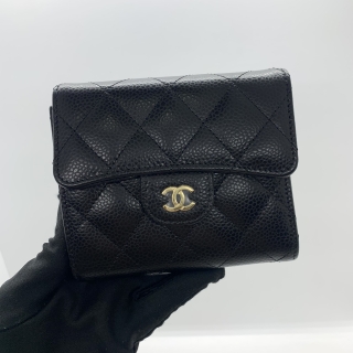 CHANEL SLG CAVIAR SKIN MATELASSE COMPACT WALLET TRIFOLD BLACK GHW RFID T2UETTX6