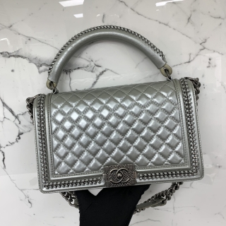 CHANEL BAG BOY LAMBSKIN MATELASSE 2WAY TOP HANDLE 28CM CHAIN SHOULDER SILVER SHW NO.23 W/CARD 23114614