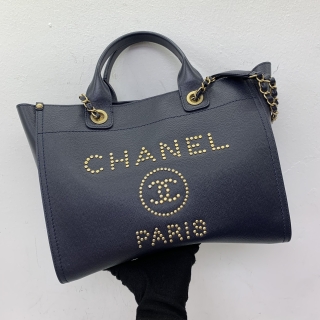 CHANEL BAG DEAUVILLE CAVIAR SKIN 33CM STUDS CHAIN TOTE W/CARD NAVY  NO 26 26715696