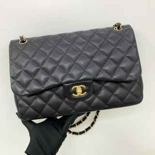 CHANEL BAG CLASSIC FLAP LAMBSKIN DOUBLE FLAP JUMBO 30CM GHW BLACK NO CARD, NO.19 TOUCHED UP 19162216