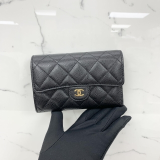 CHANEL SLG CAVIAR SKIN TRIFOLD COMPACT WALLET SHW BLACK MICROCHIP T25CT9TH