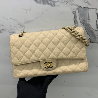 CHANEL BAG CLASSIC FLAP CAVIAR SKIN 25CM MEDIUM BEIGE W FLAP NO.12 NO CARD GHW 12972304