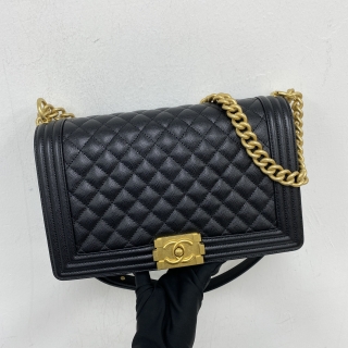 CHANEL BAG BOY A92193 CAVIAR 28CM LARGE CHAIN SHOULDER BLACK GHW MICROCHIPPED T5TJPA5A