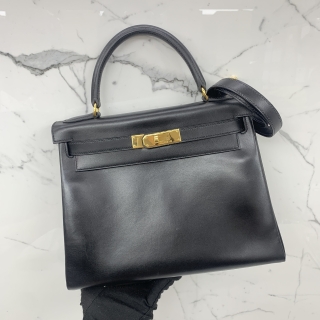 HERMES BAG KELLY 28 BOX CALF 2WAY BLACK GHW SQUARE B