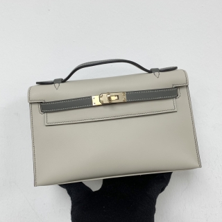 HERMES BAG KELLY POCHETTE SPECIAL ORDER, SWIFT BETON & GRIS MEYER GHW K STAMP FULL SET W/RECEIPT KST588BA