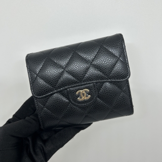 CHANEL SLG MATELASSE CAVIAR SKIN COMPACT TRIFOLD WALLET BLACK GHW RFID MICROCHIPPED HUXCULCL