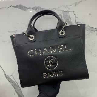 CHANEL BAG DEAUVILLE 2WAY TOTE BLACK STUDS DESIGN NO.25 W/CARD