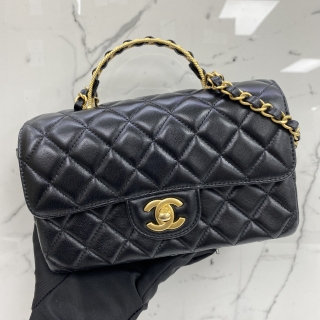 CHANEL BAG MATELASSE LAMBSKIN TOP HANDLE MINI FLAP CHAIN SHOULDER MICROCHIPPED GHW BLACK U8E699HA