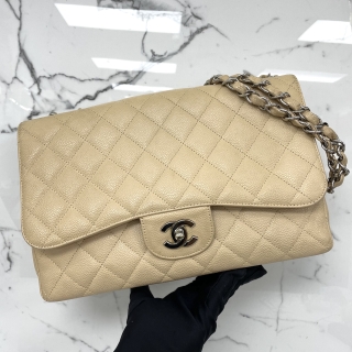 CHANEL BAG MATELASSE CAVIAR SKIN SINGLE FLAP JUMBO 30CM SHW BEIGE NO.12 W/CARD
