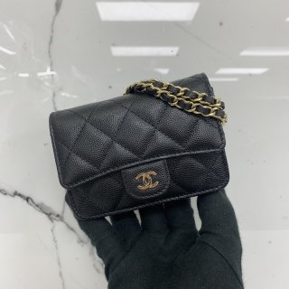 CHANEL SLG CAVIAR SKIN AP2727 MINI CHAIN CARD HOLDER WITH CHAIN BLACK NO.32 NO CARD 32005309