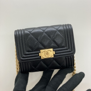 CHANEL SLG BOY CAVIAR CARD HOLDER WITH CHAIN SHOULDER GHW BLACK RFID MICROCHIP