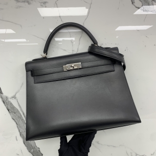 HERMES BAG KELLY 32  BOX CALF PHW NOIR, □F STAMP 2WAY W/ CLOCHETTE AND KEY