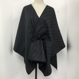 FENDI SCARF FXX807 2025 CAPE PONCHO FF LOGO BLACK WOOL AND CASHMERE W/BELT