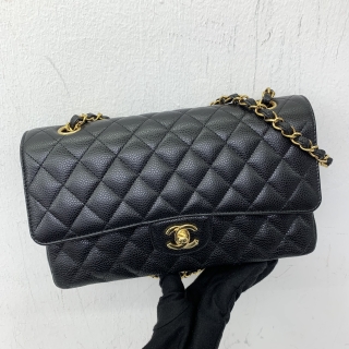 CHANEL BAG MATELASSE CLASSIC FLAP CAVIAR SKIN 25CM MEDIUM DOUBLE FLAP GHW BLACK RFID MICROCHIP TN8U9E9L