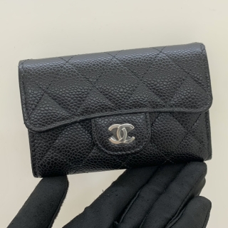 CHANEL SLG CAVIAR SKIN AP0214 MATELASSE CLASSIC FLAP BIFOLD CARD HOLDER CASE SHW BLACK NO.32 W/CARD