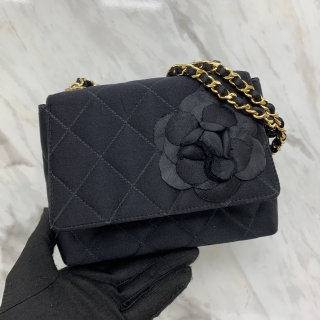 CHANEL BAG MATELASSE VIMTAGE CAMELIA CHAIN ONE SHOULDER SATIN BLACK W/CARD NO.4