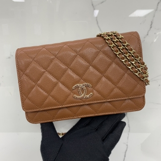 CHANEL BAG MATELASSE AP3395 CAVIAR SKIN WALLET ON CHAIN WOC RHINESTONES CC BROWN GHW MICROCHIPPED A2GUKHPL