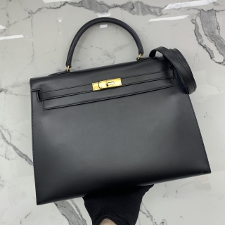 HERMES BAG KELLY 35 BOX CALF NOIR GHW CIRCLE ○U STAMP