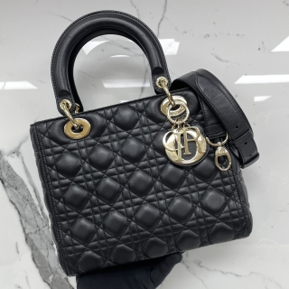 DIOR BAG LADY MEDIUM 2WAY BLACK GHW FLAP VER 01-BO-0270