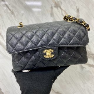 CHANEL BAG CLASSIC FLAP CAVIAR SKIN 23CM SMALL W DOUBLE FLAP GHW BLACK NO.28 W/CARD 28561194