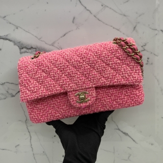 CHANEL BAG MATELASSE CLASSIC DOUBLE FLAP 25CM PINK TWEED CHAIN SHOULDER GHW RFID MICROCHIPPED GXNN7P7L