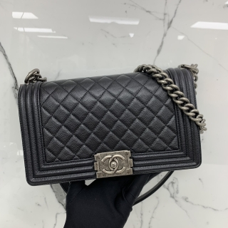 CHANEL BAG BOY CAVIAR SKIN OLD MEDIUM 25CM BLACK SHW/RHW NO.28 WC