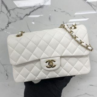 CHANEL BAG CLASSIC FLAP A01113 CAVIAR 23CM SMALL DOUBLE FLAP WHITE GHW MICROCHIPPED