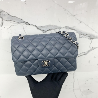 CHANEL BAG CLASSIC FLAP A01113 LAMBSKIN 23CM SMALL DOUBLE FLAP NAVY SHW W/CARD NO.26 26536725