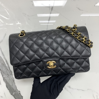 CHANEL BAG CLASSIC FLAP MEDIUM CAVIAR SKIN 25CM CHAIN SHOUDLER BLACK GHW MICROCHIP JNC6T09