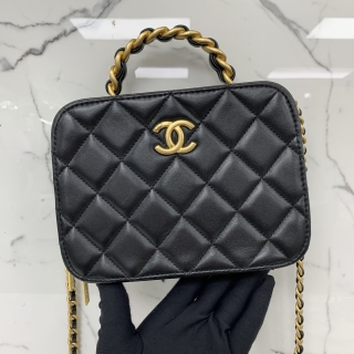 CHANEL BAG LAMBSKIN VANITY BOX TOP HANDLE CHAIN 2WAY BLACK GHW RFID MICROCHIPPED PUXLG94K
