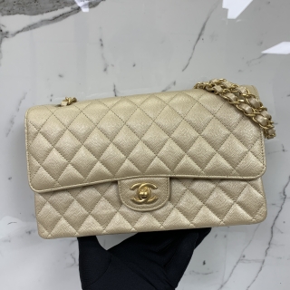 CHANEL BAG CLASSIC FLAP A01112 25CM MEDIUM W DOUBLE FLAP GHW METALLIC GOLD MICROCHIPPED E77JUK75