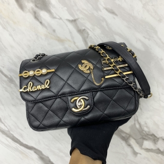 CHANEL BAG LAMBSKIN 22C MINI FLAP 20CM SYMBOLIC COCO CLIPS CHARMS BLACK GHW MICROCHIPPED