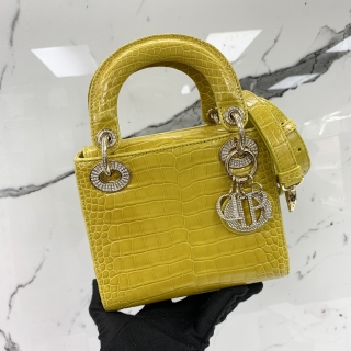 DIOR BAG MINI LADY DIOR CROCODILE WITH CRYSTAL CHARM, LEATHER INTERIOR 2WAY YELLOW/JAUNE 21-MA-0127