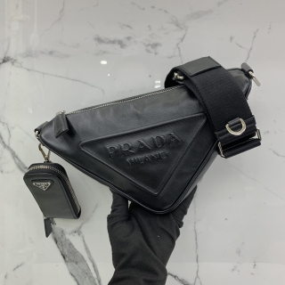 PRADA BAG LEATHER 1BH190 TRIANGLE SHOULDER CROSSBODY BLACK